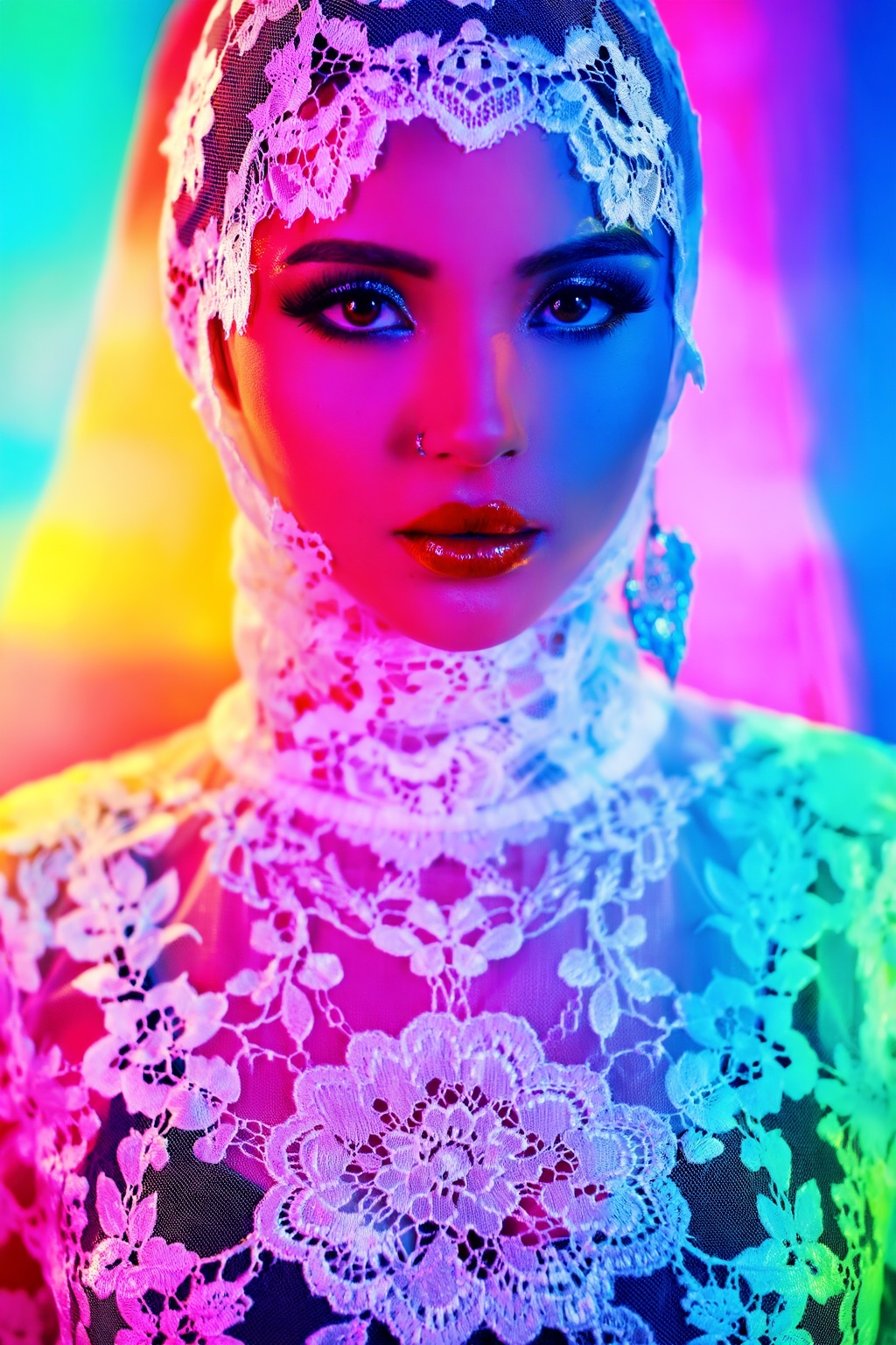 Create an image that captures the essence of Pincho,  featuring a woman adorned with delicate lace patterns against a vibr...