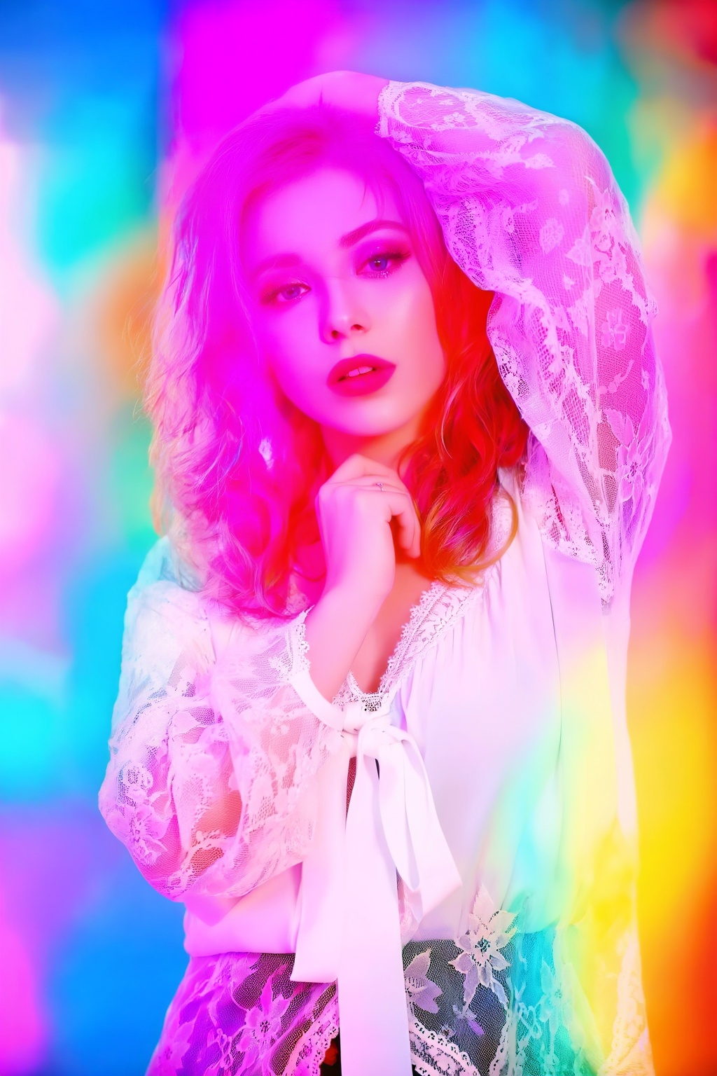 Create an image that captures the essence of Pincho,  featuring a woman adorned with delicate lace patterns against a vibr...