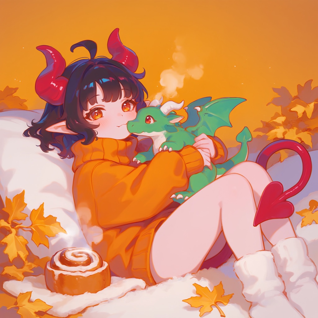 PffIcn,  A cozy demon girl with small curved crimson horns peeking through her fluffy charcoal hair snuggles inside an ove...