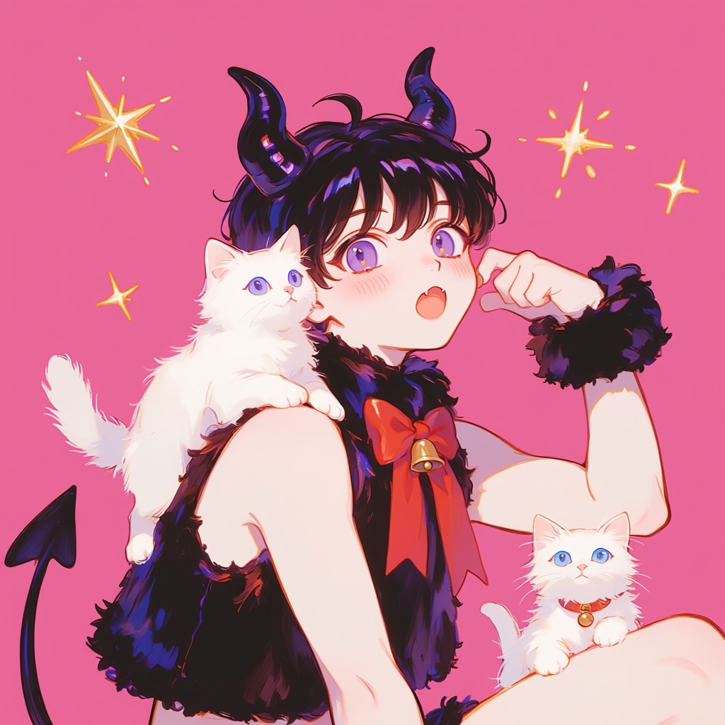 PffIcn,  A boy with dark hair and demonic horns,  wearing a black fur vest with a red bow on Tensor.Art