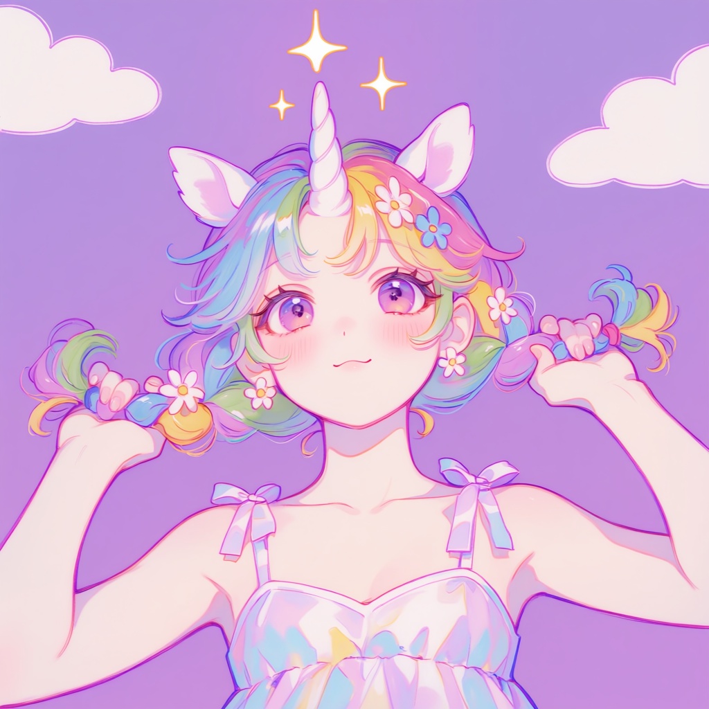 PffIcn,  A girl with a unicorn horn and rainbow mane braiding flowers into her hair,  soft lavender background with cloud...
