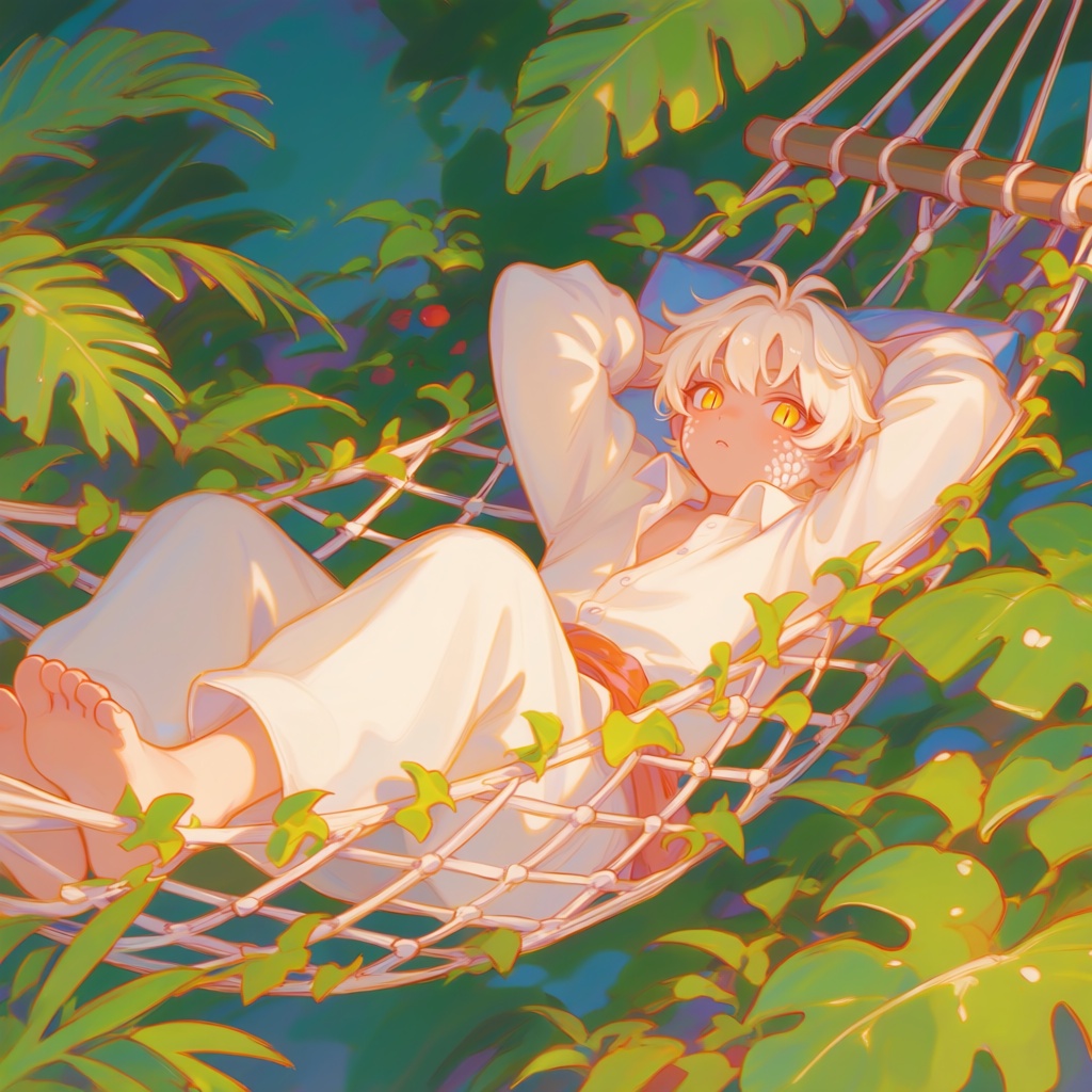 PffIcn,  A boy with snake scales on his neck and golden slit pupils napping in a hammock woven of vines,  jungle green bac...