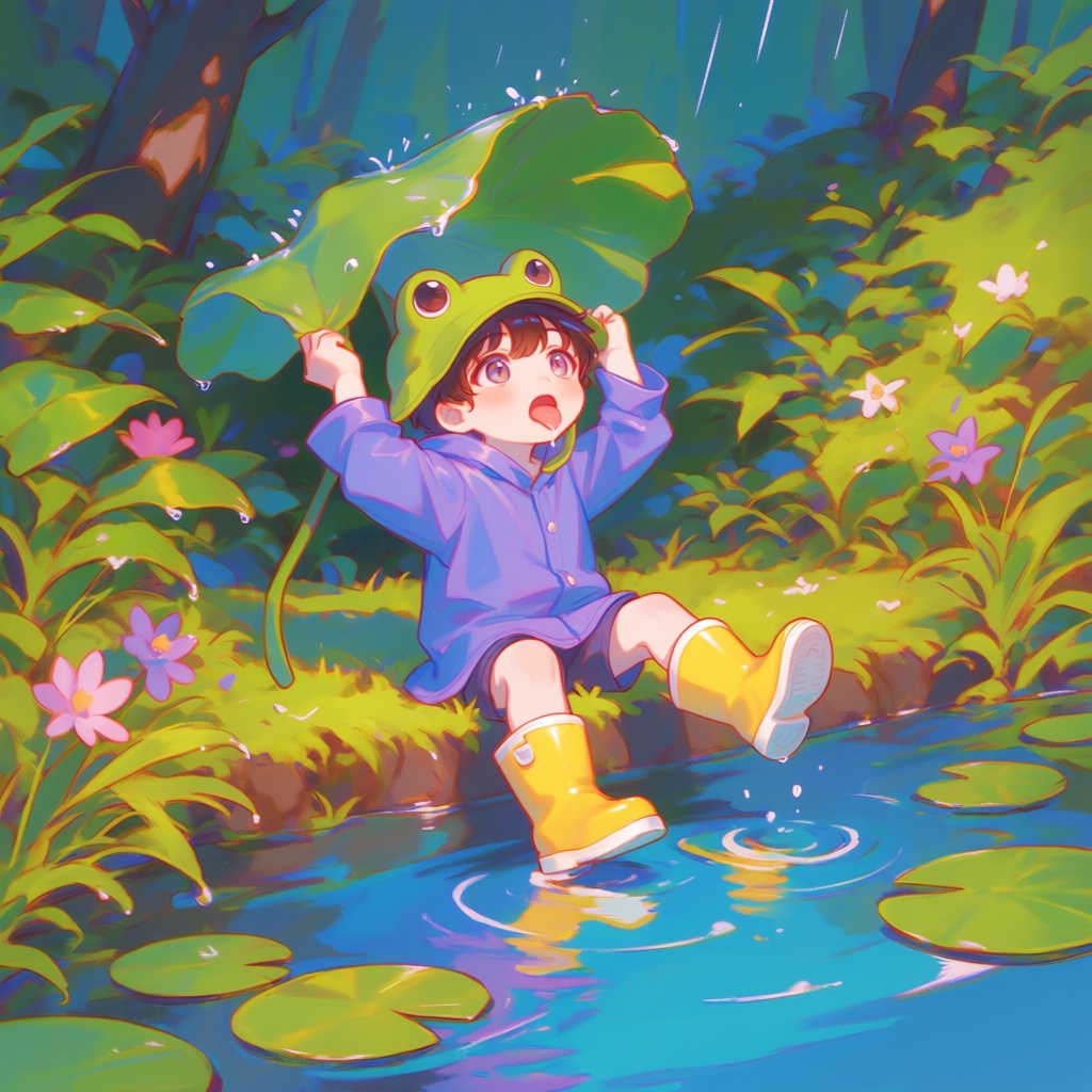 PffIcn,  A boy with frog-like hat and holding a lily pad hat sitting on a pond edge,  vivid forest background with water r...