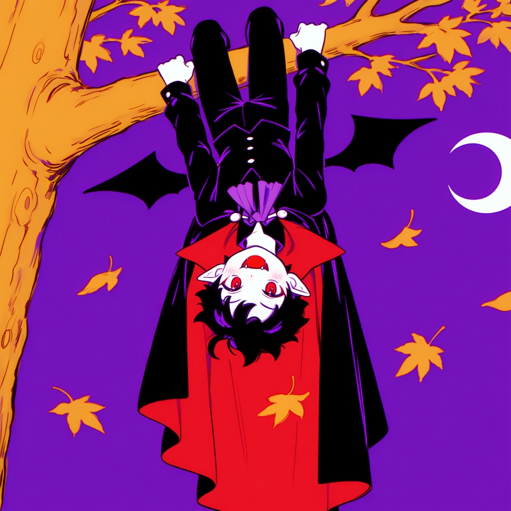 PffIcn,  A boy with vampire fangs and bat wings hanging upside down from a tree branch,  legs are draped over the branch o...