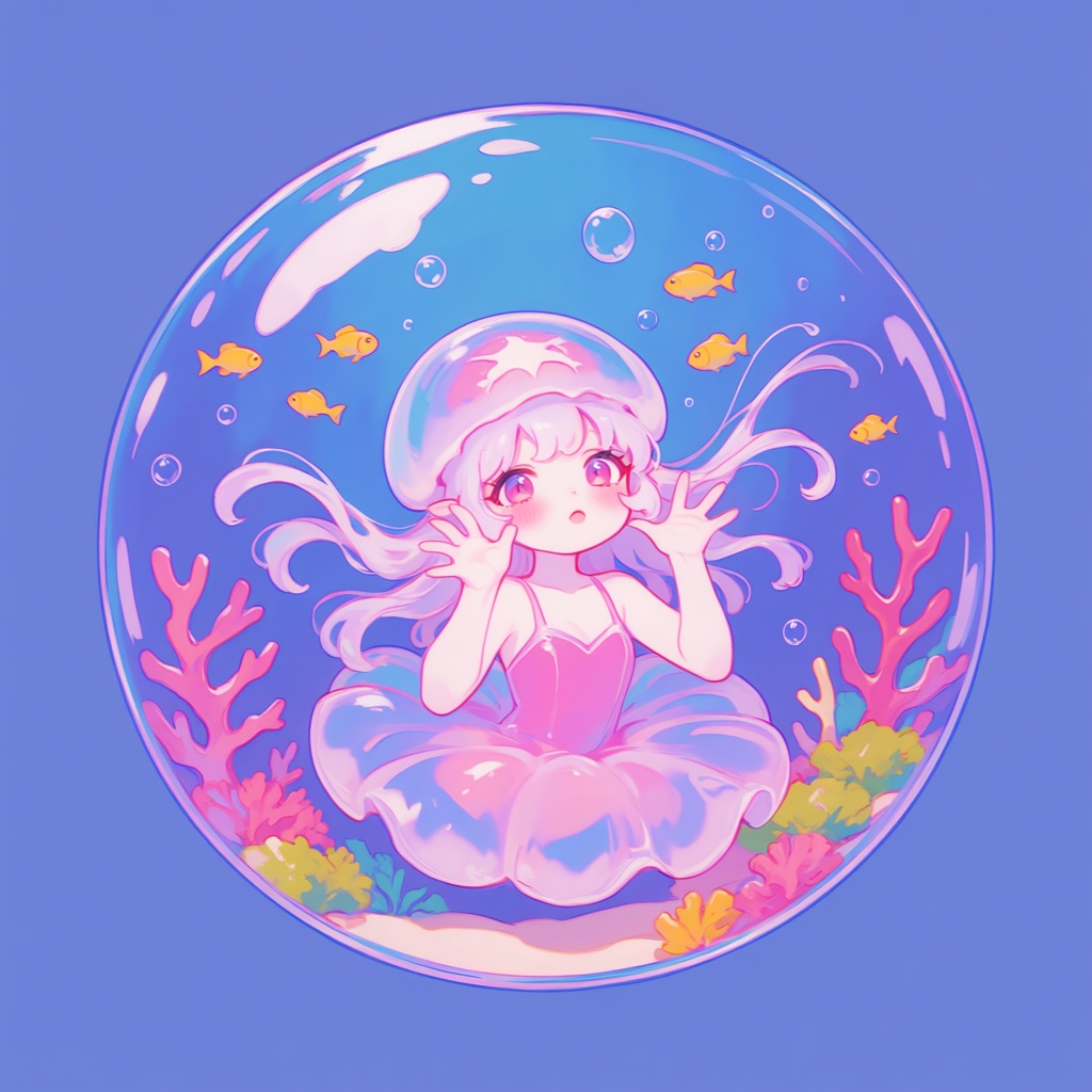 PffIcn A jellyfish girl floats inside a round glass aquarium,  her translucent pink tentacles spreading like a ballerina's...