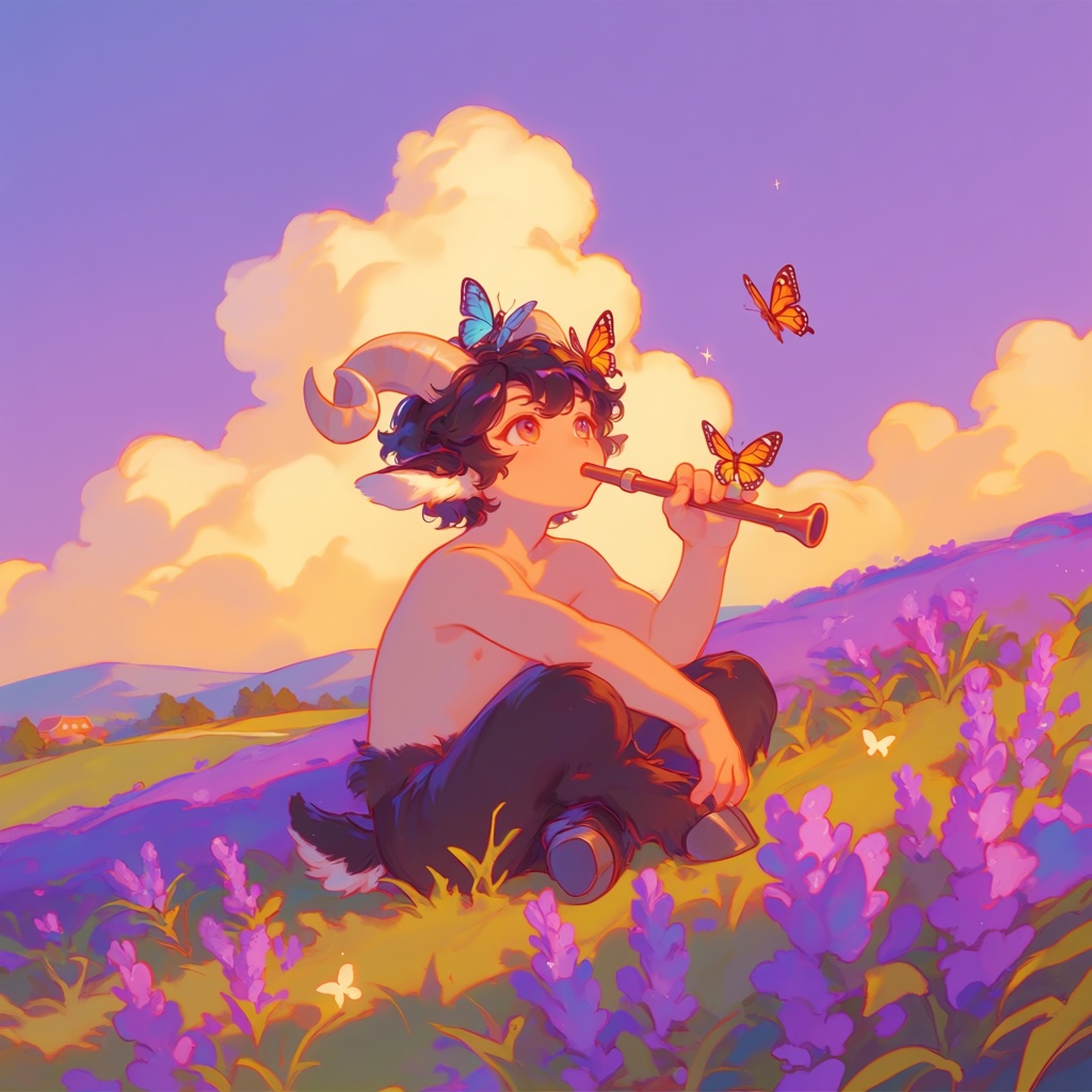 PffIcn,  Boy with curved goat horns and hooves,  sitting on a lavender hillside playing wooden pipe on Tensor.Art