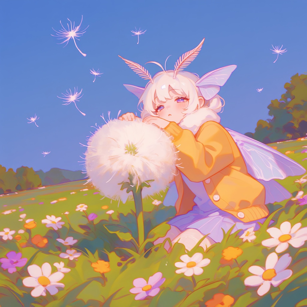 PffIcn,  A girl with moth antennae and powdery wings resting on a giant dandelion,  flower meadow with floating seeds on T...