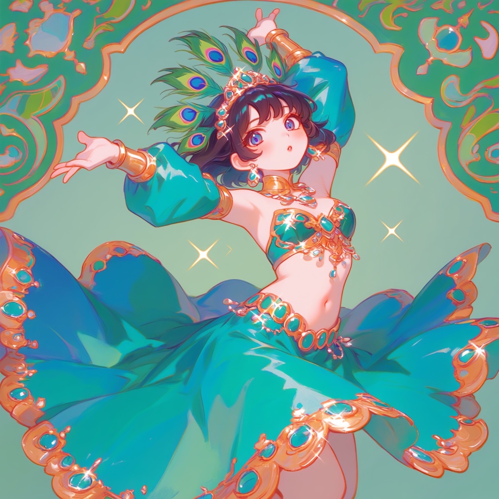 PffIcn,  A girl with peacock feathers in her hair and jeweled eyes performing a dance,  emerald background with paisley pa...