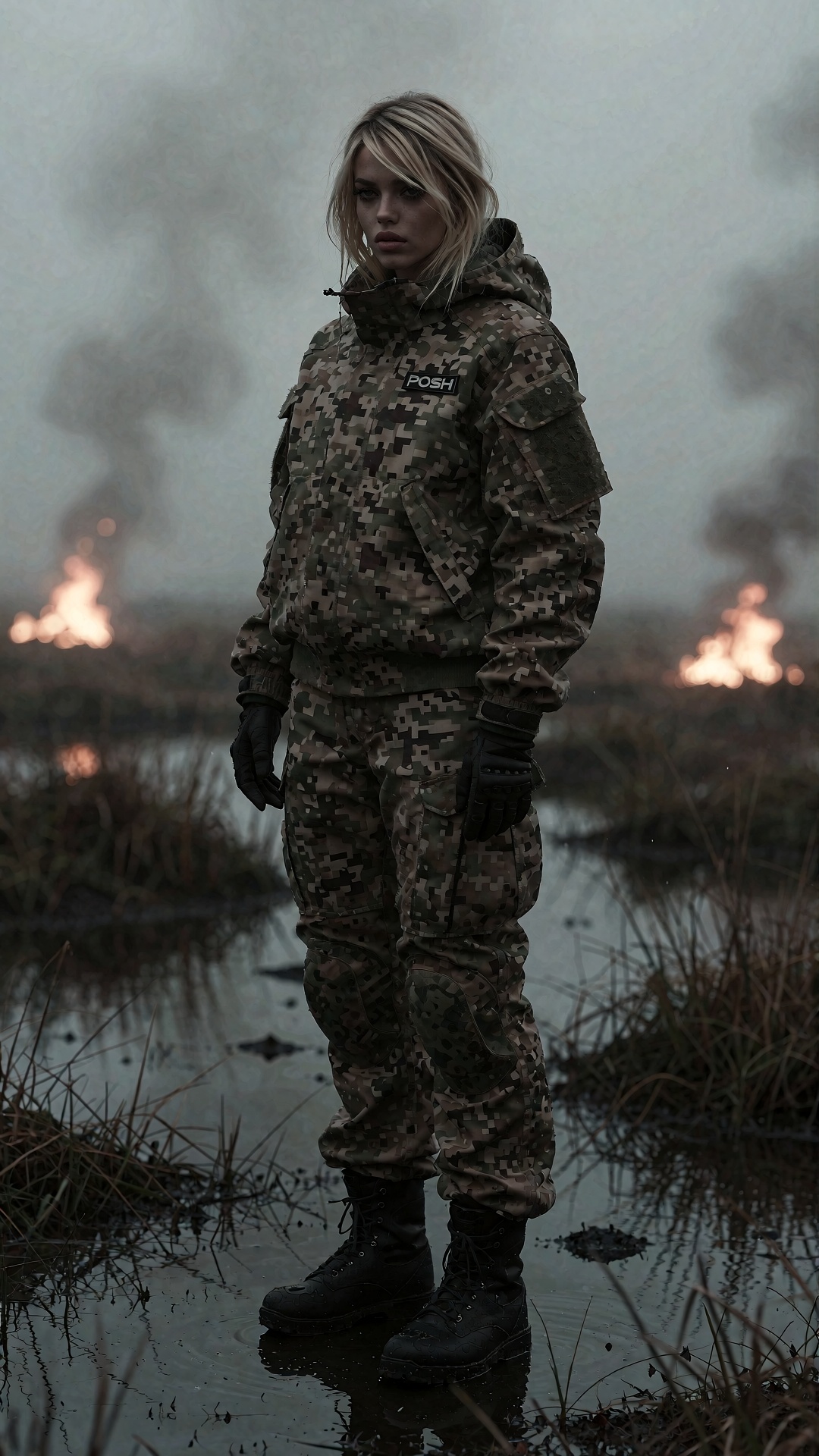 **Prompt**: A surrealism sci-fi model stands amidst an oil-slicked swamp marsh,  enveloped in dense fog and dim,  flickeri...