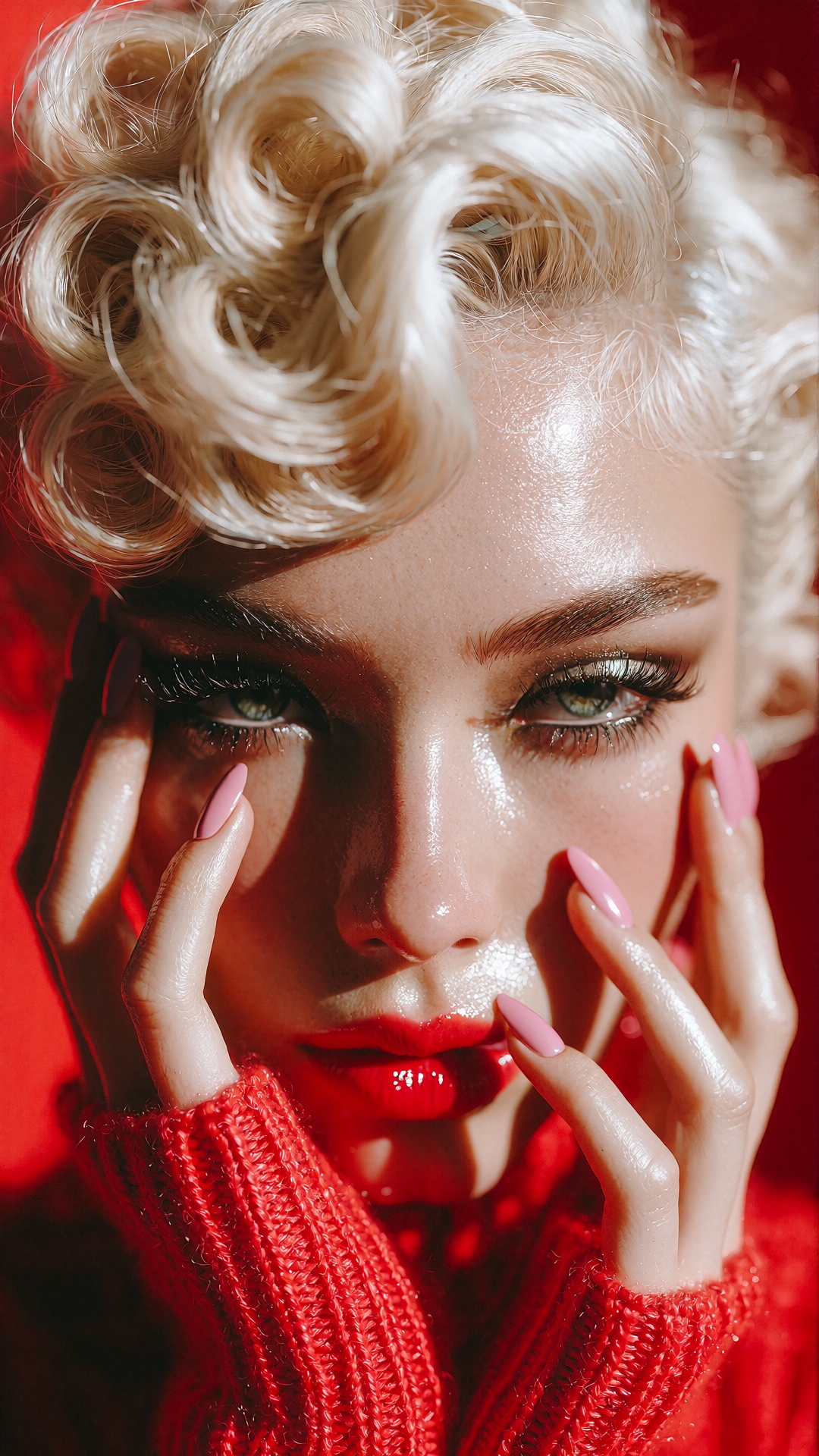 a highly stylized digital portrait of a person with platinum blonde hair styled in voluminous curls. The individual's skin...