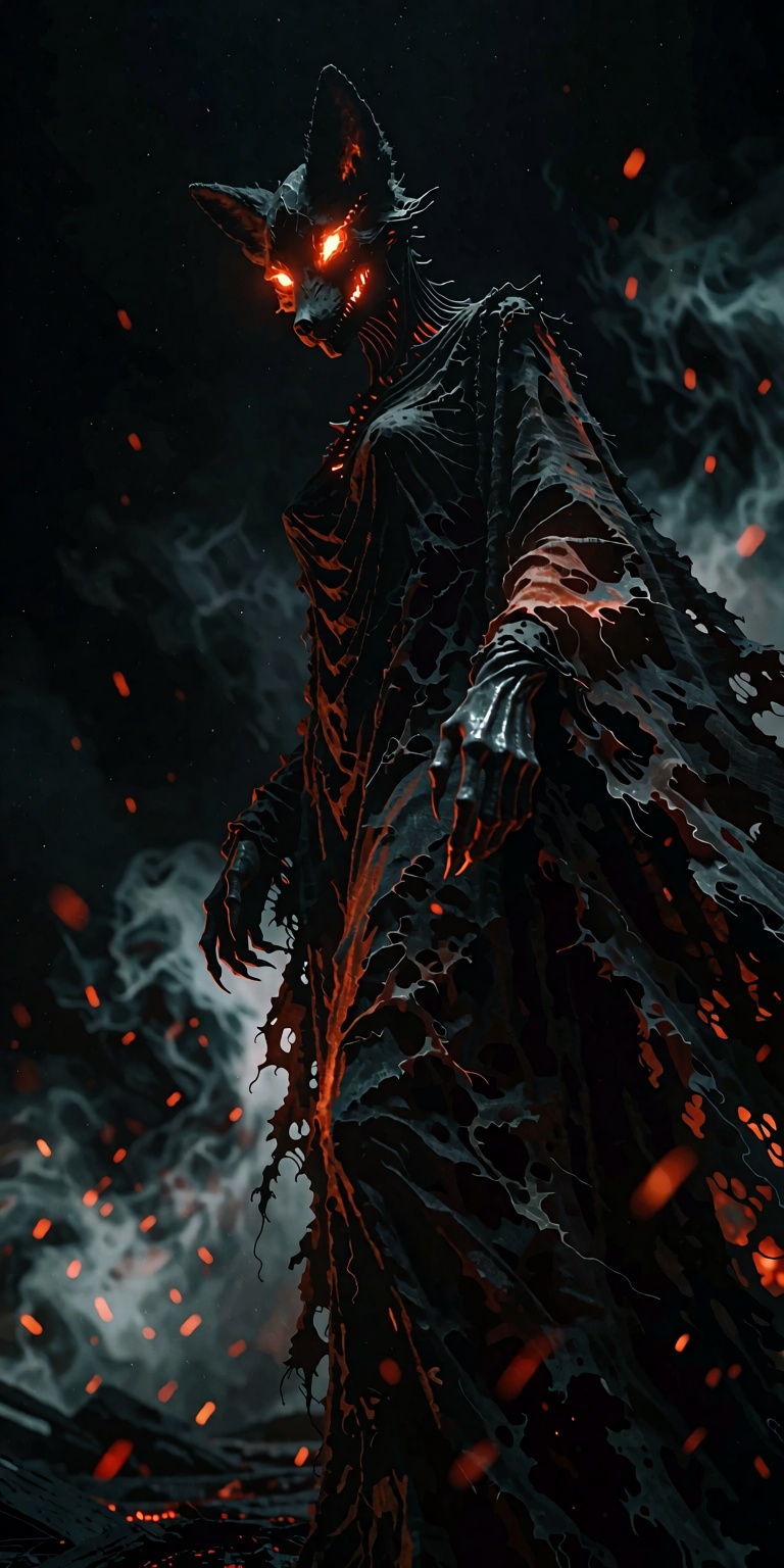 A cinematic realistic DSLR private photoshoot capturing a full body side profile of a dark gothic fox entity from a non-de...