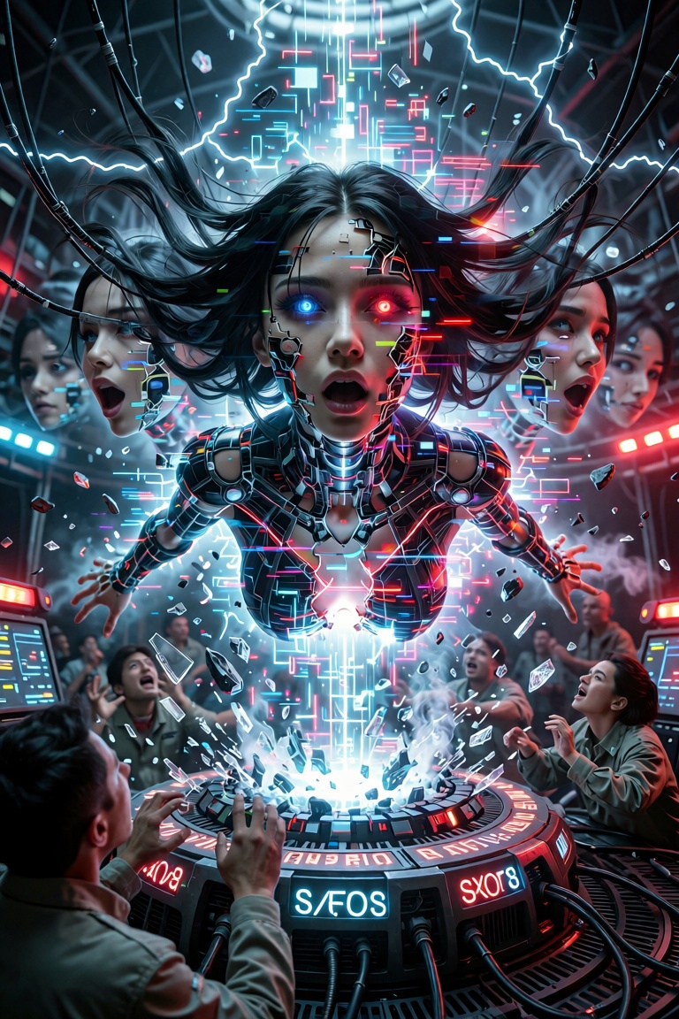 failed cyberpunk consciousness-upload ritual,  beautiful ***** female android suspended above a circular machine altar,  l...