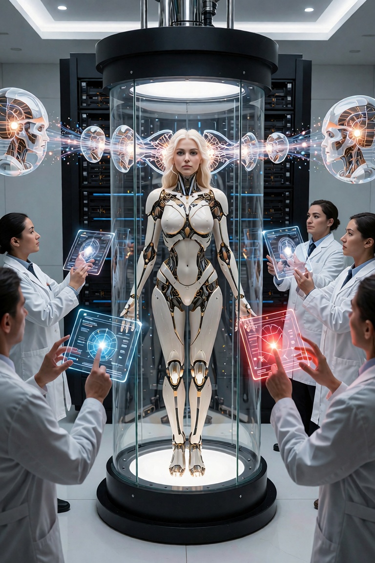 high-end corporate cyberpunk consciousness-transfer ritual,  beautiful ***** female android standing inside a polished gla...