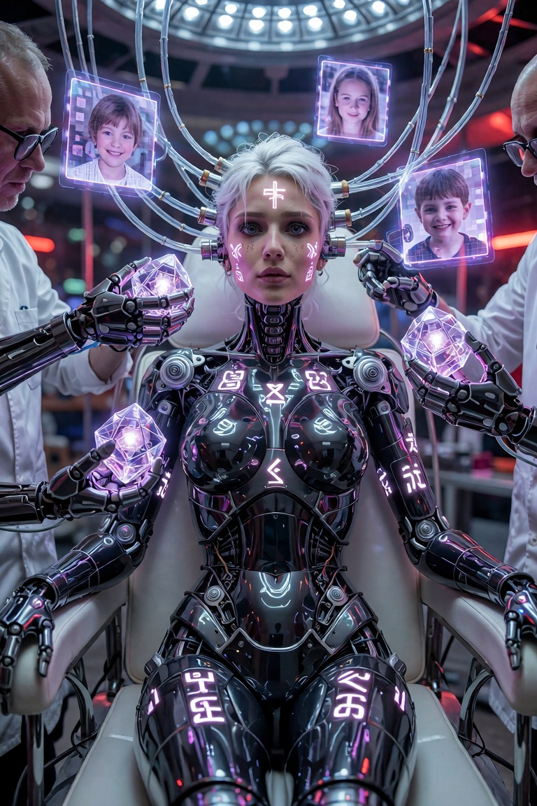 disturbing cyberpunk memory-reprogramming ritual,  beautiful ***** female android seated on a surgical throne,  realistic...