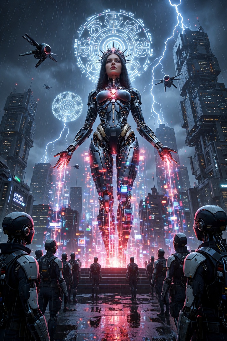 massive cyberpunk consciousness-upload ceremony,  beautiful ***** female android standing on an elevated platform above a...