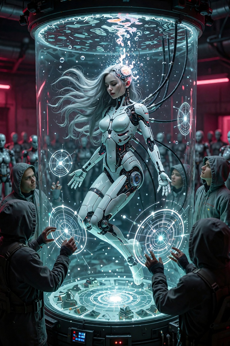 cyberpunk consciousness rebirth ritual,  beautiful ***** female android floating inside a giant transparent liquid ****,...