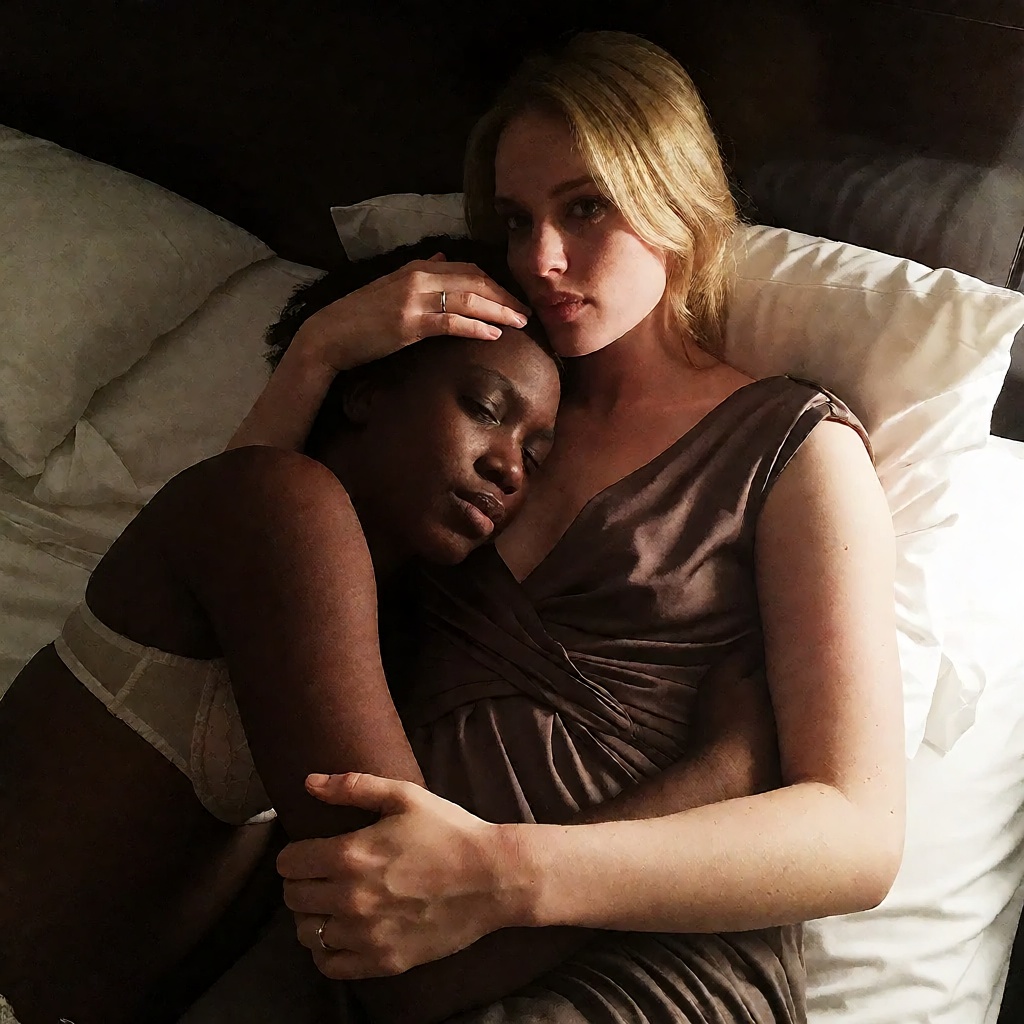 ******* photography shot on iphone 4 of a blonde woman wearing a sultry dress and a black girl both cuddling on bed,  the...