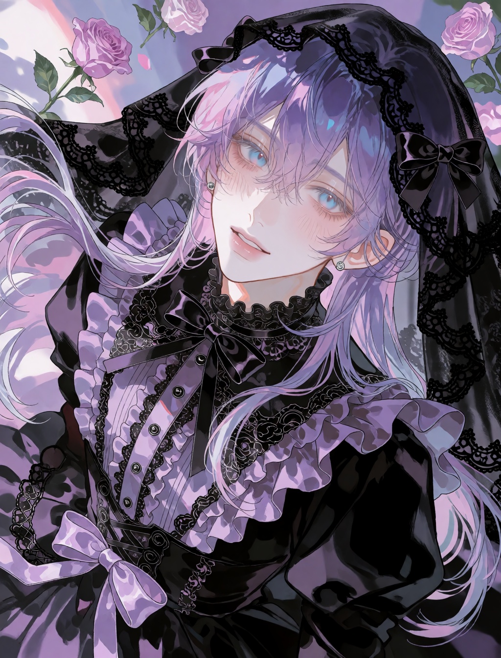 anime style portrait of a beautiful young man with soft long pirple hair with pink highlights,  blue eyes,  fair skin with...