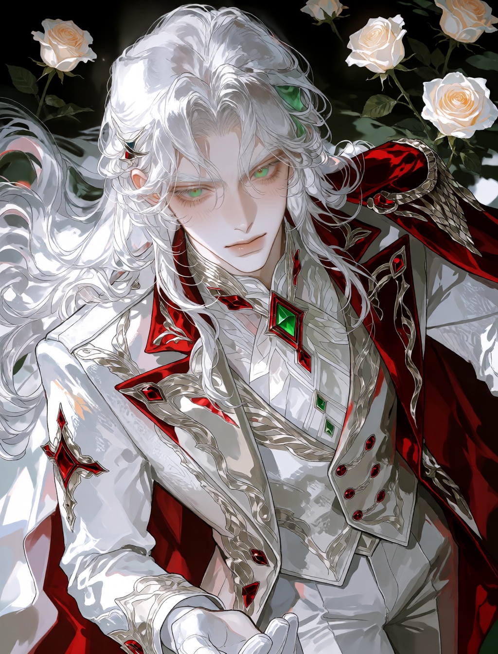 a beautiful young man with long wavy white hair,  voluminous hair,  white eyebrows on Tensor.Art