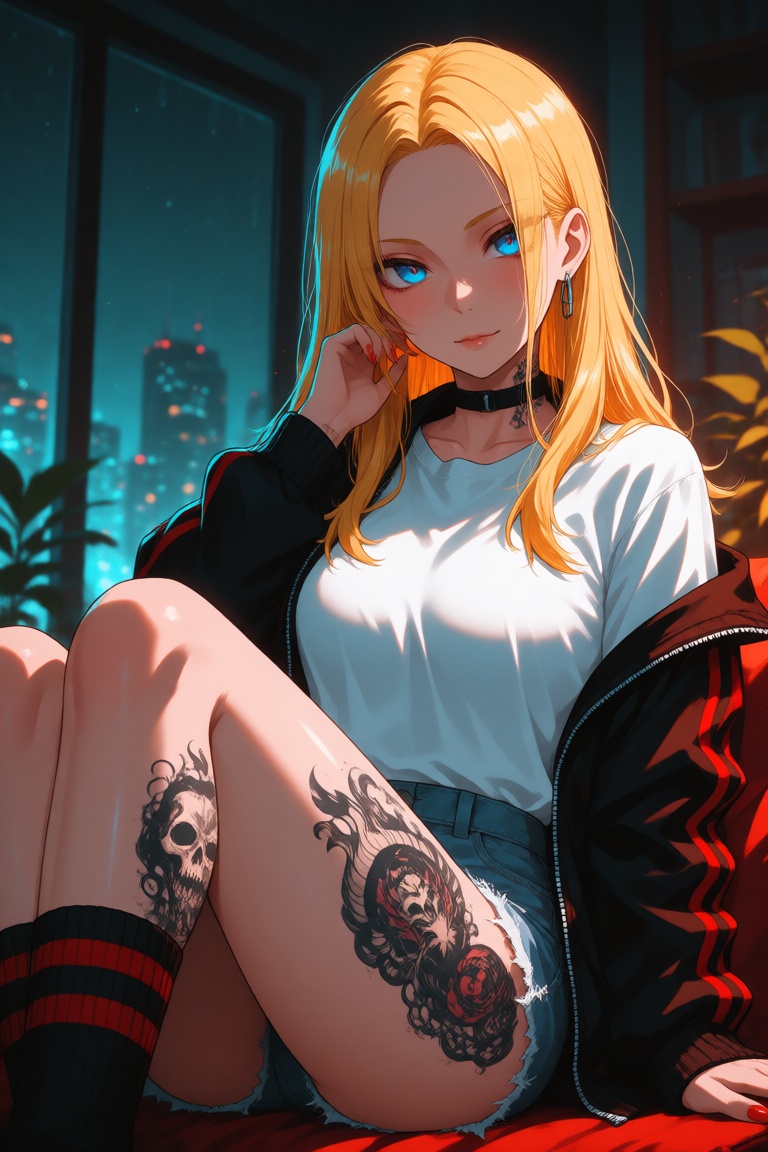 an illustration of a young woman with long blonde hair,  blue eyes,  and tattoos on Tensor.Art