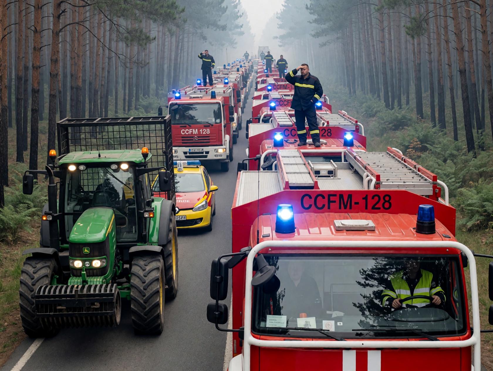 {"high_level_description":"Cinematic photo of a massive emergency convoy of red fire trucks and a green tractor stalled on...