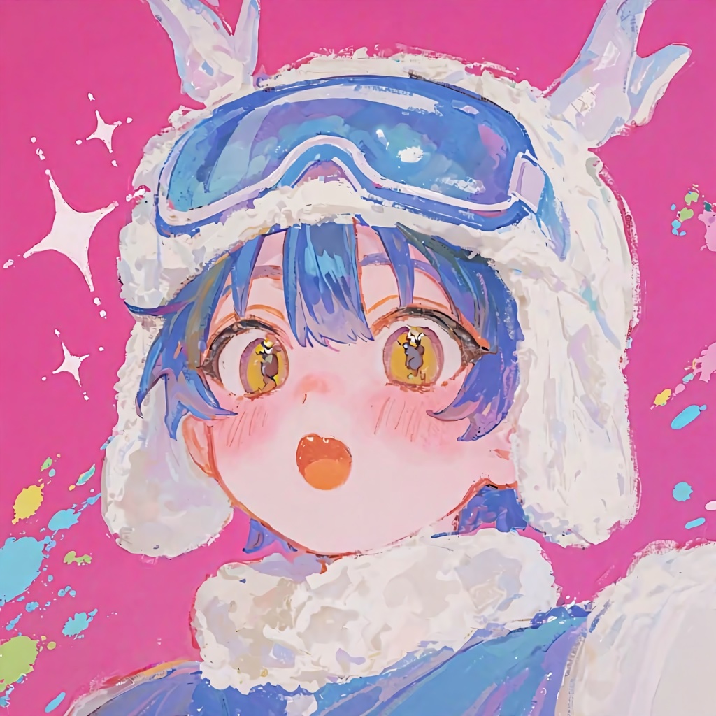 PffIcn,  A boy with curved dragon horns and golden slit eyes,  wearing a fluffy white aviator hat with blue ski goggles pu...