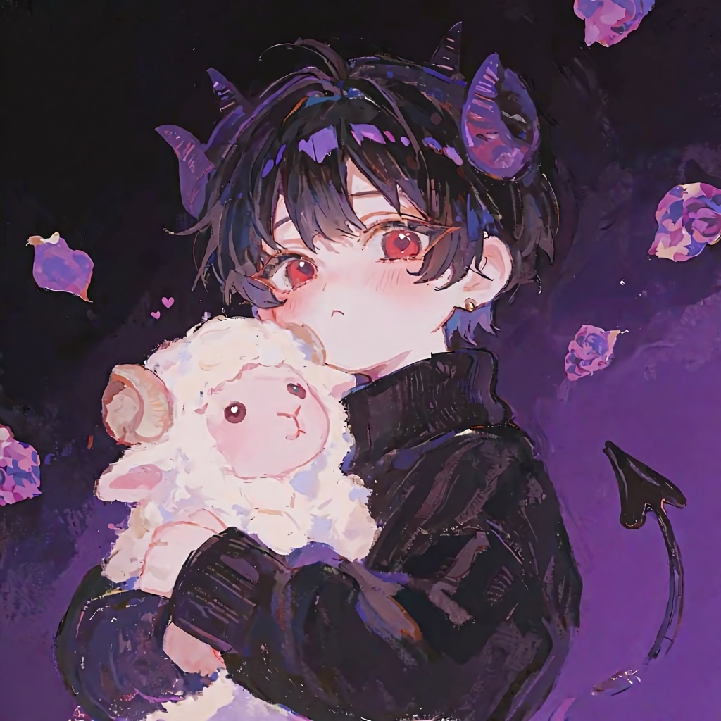 PffIcn,  A boy with small curved demon horns and a heart-tipped tail,  wearing an oversized black turtleneck sweater on Te...