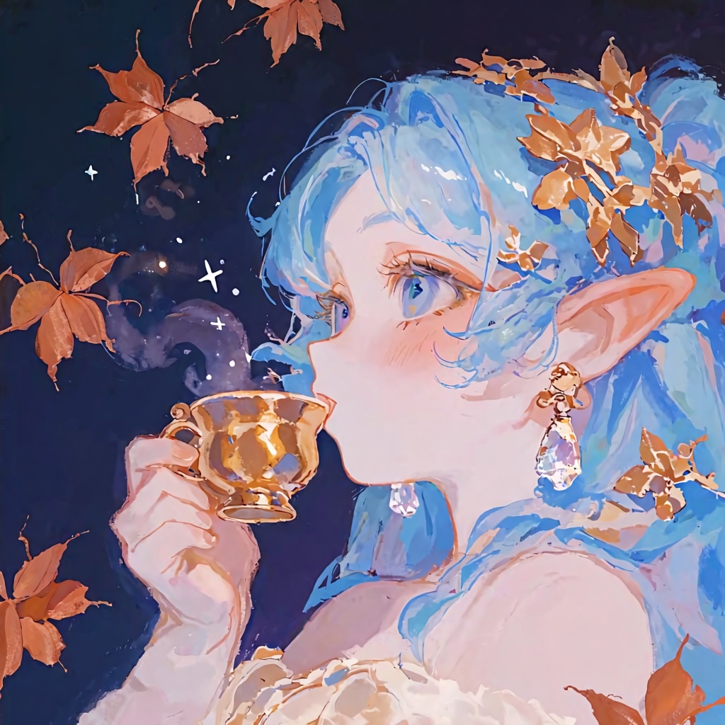 PffIcn,  An elf girl with pointed ears and dangling crystal earrings,  sipping from a miniature golden teacup on Tensor.Art