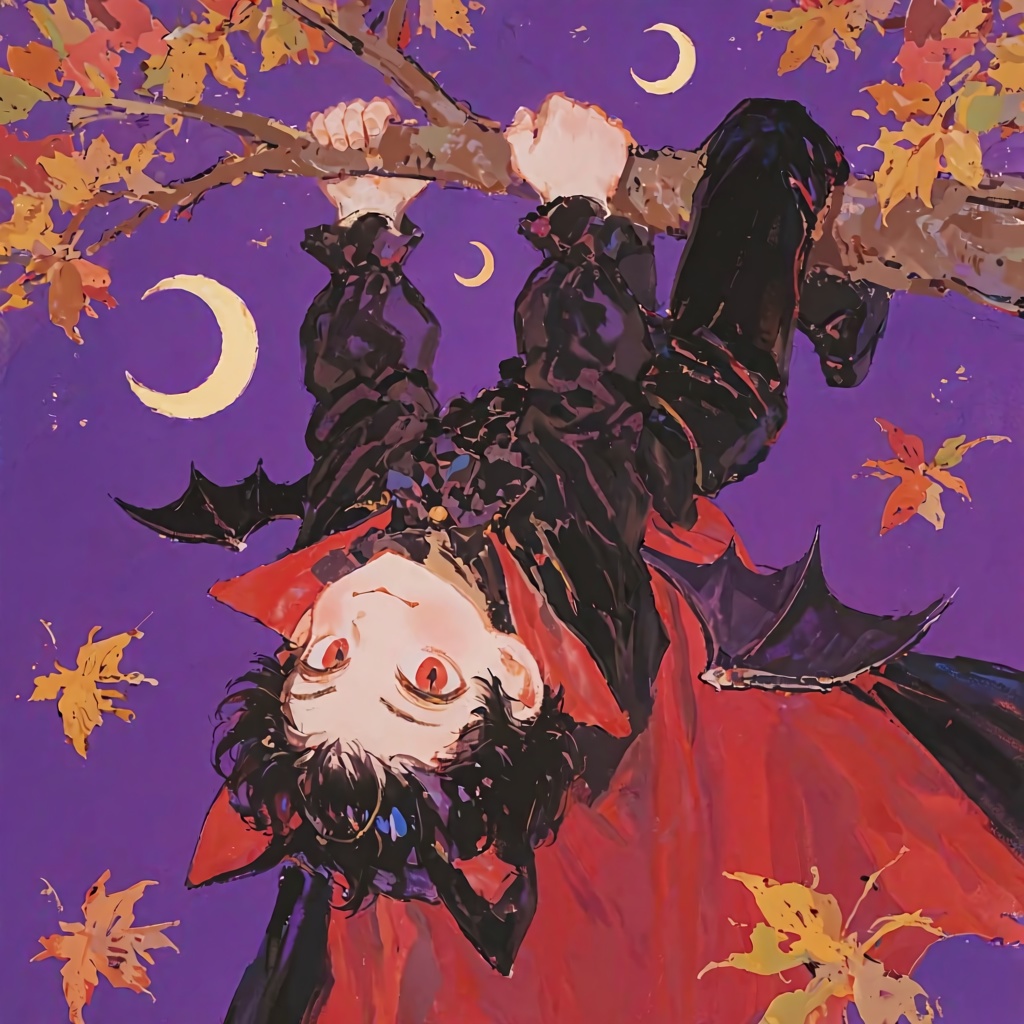 PffIcn,  A boy with vampire fangs and bat wings hanging upside down from a tree branch,  legs are draped over the branch o...