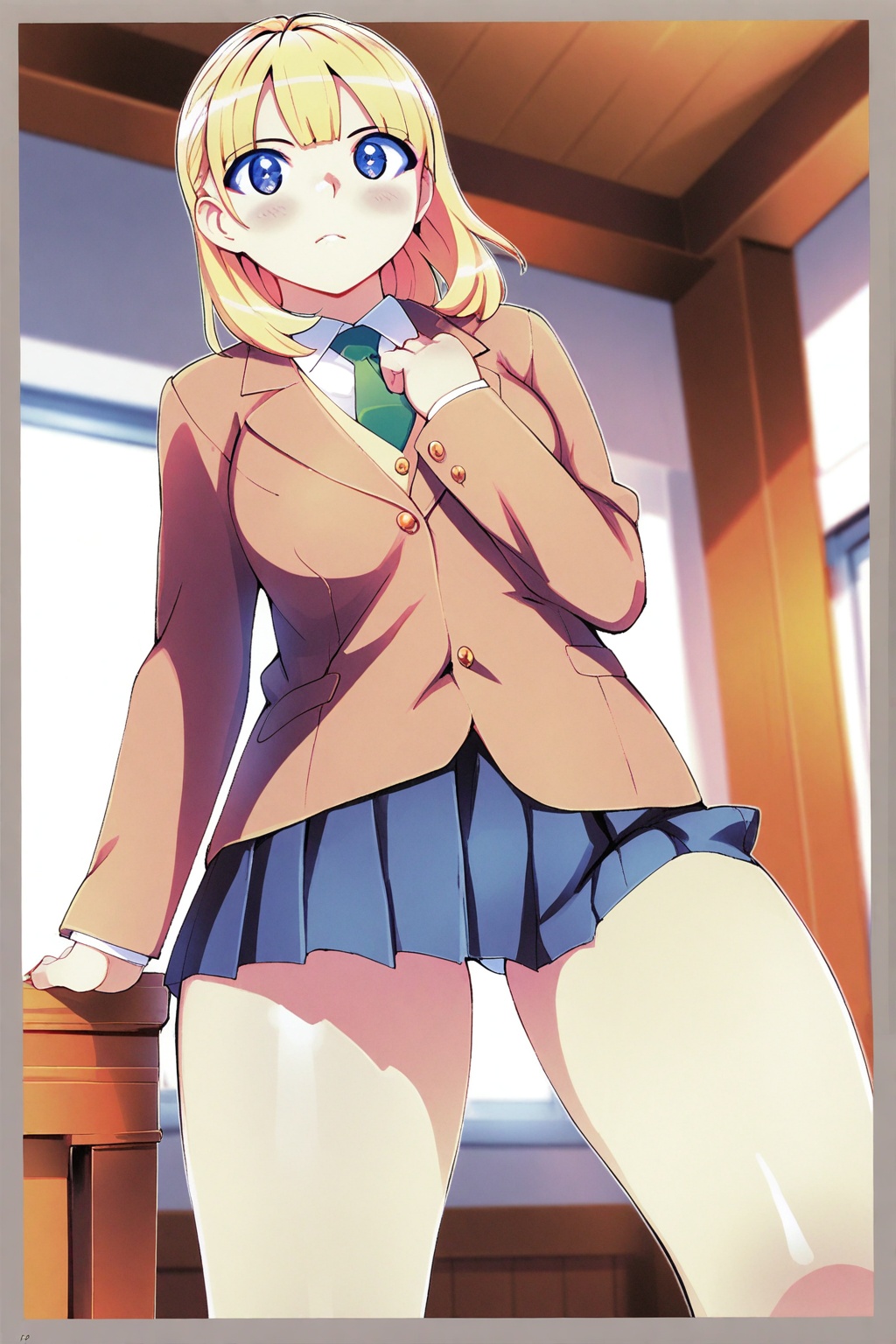 (takujiart),  1girl with blonde hair and blue eyes in a cute solo pose,  looking directly at the viewer. She is wearing a...