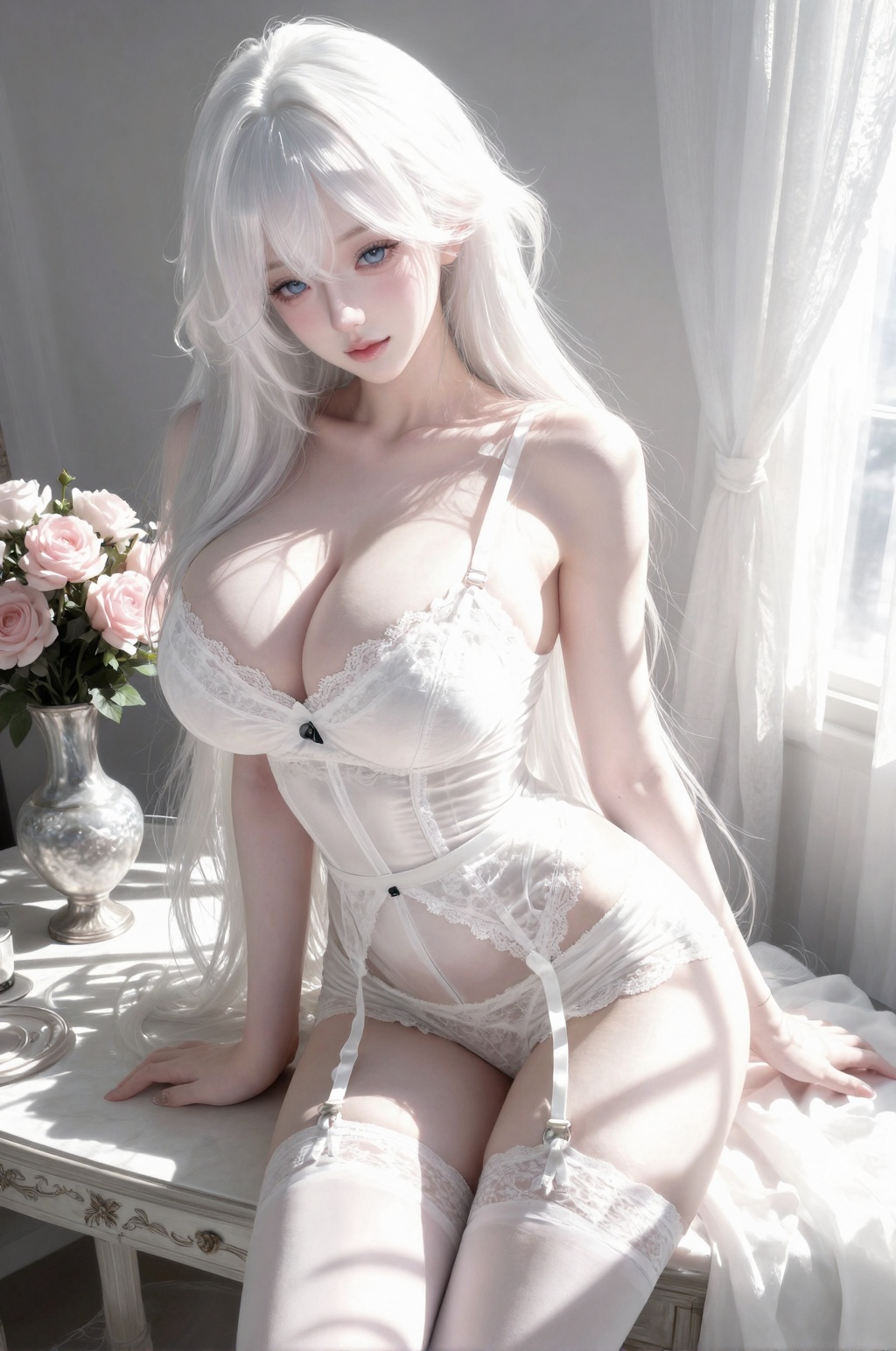 A beautiful young woman with long,  white hair and blue eyes,  wearing a form-fitting white lace lingerie set with garter...