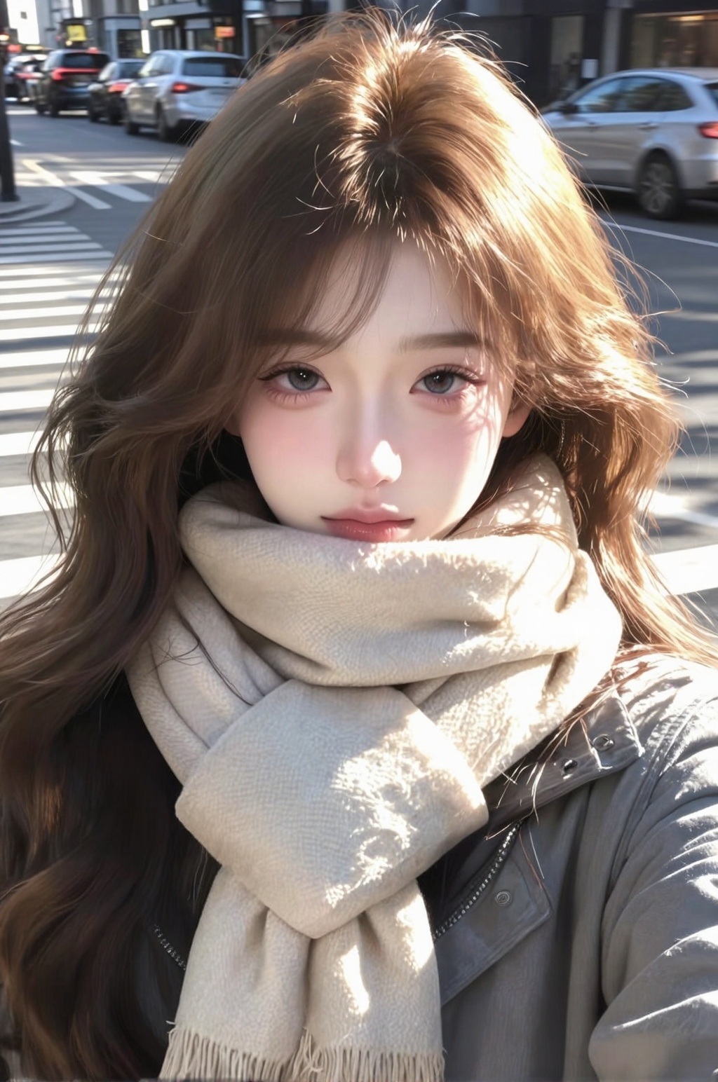 1girl,  beautiful detailed face,  long wavy light brown hair on Tensor.Art