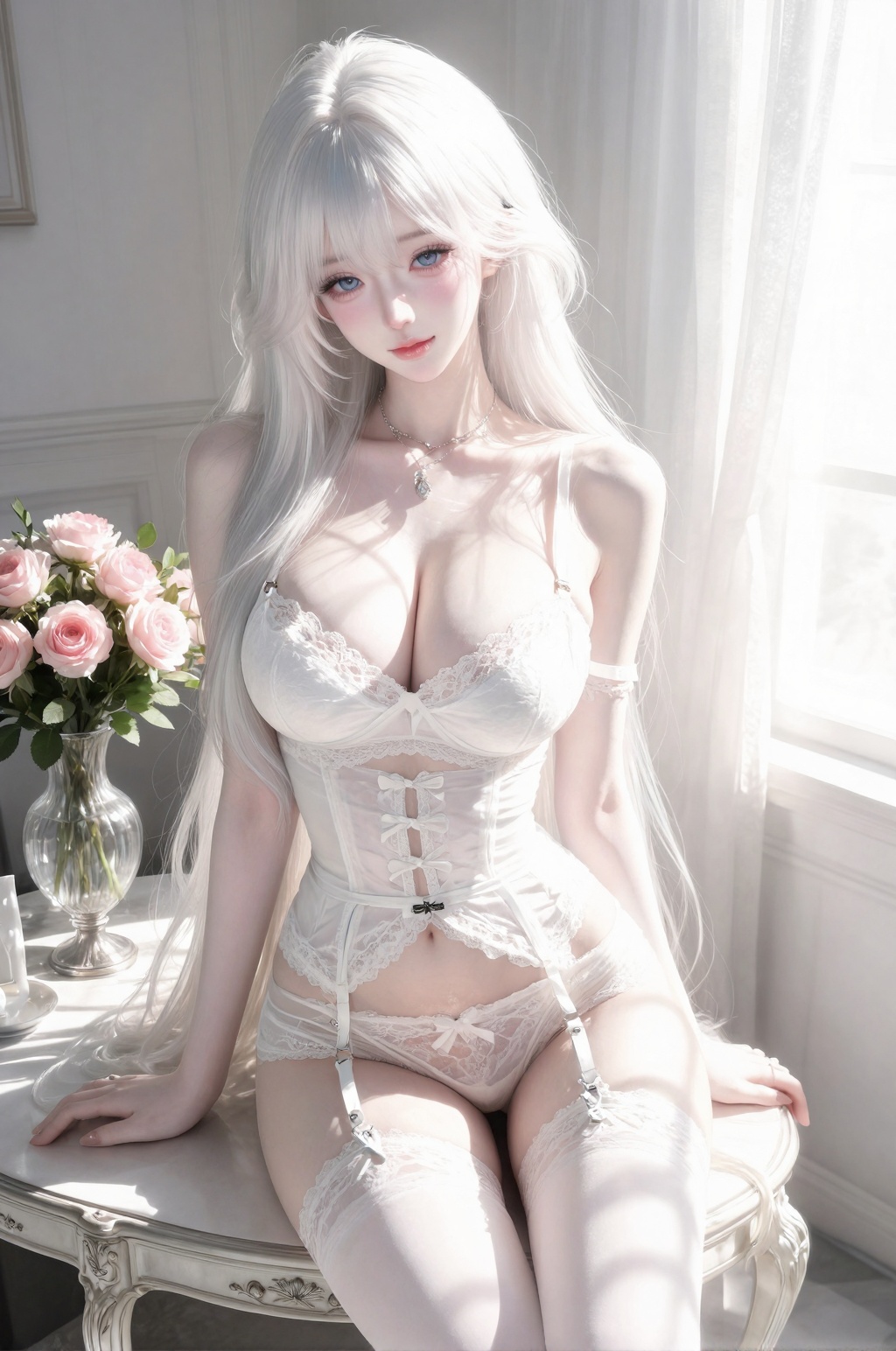 A beautiful young woman with long,  white hair and blue eyes,  wearing a form-fitting white lace lingerie set with garter...