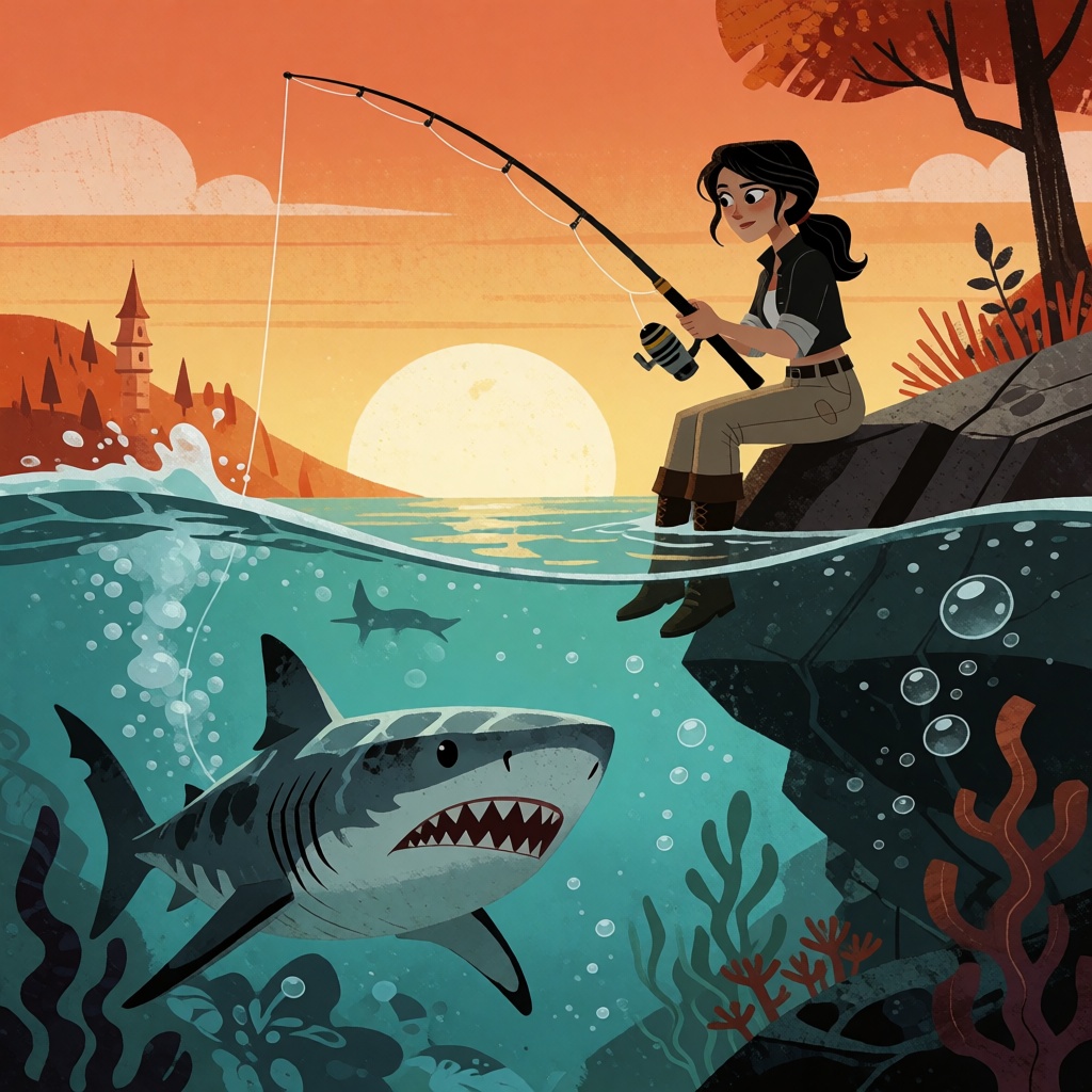 A woman fishing,  a shark lurks underwater on Tensor.Art