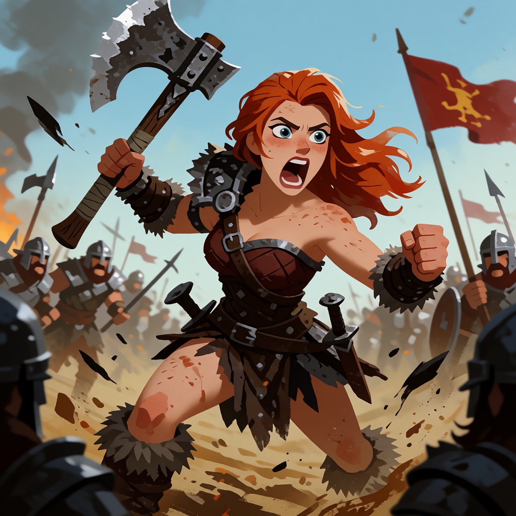 A barbarian woman with a battle axe roars as she tears her way through a hectic battlefield on Tensor.Art