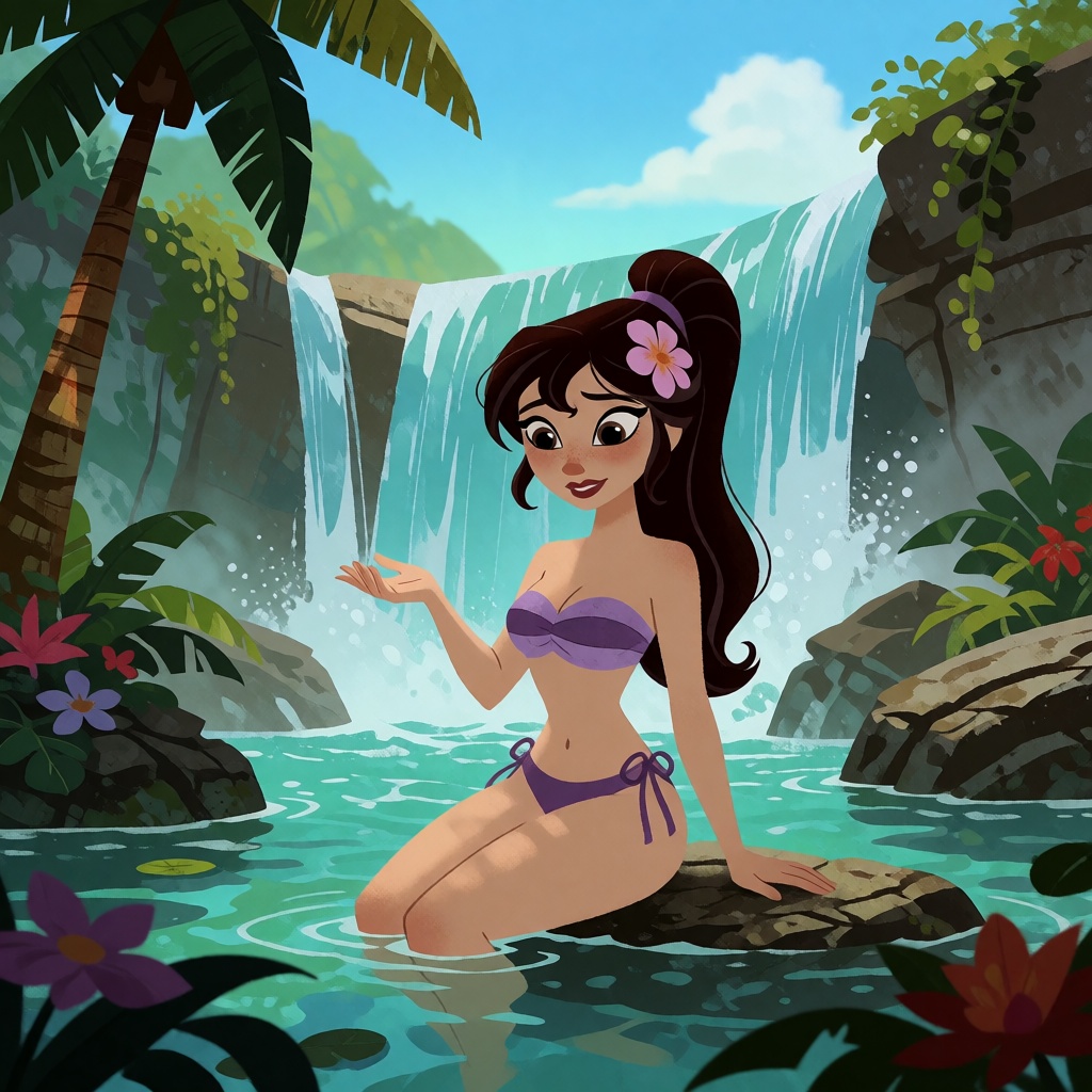 An exotic beauty at a tropical waterfall pond on Tensor.Art