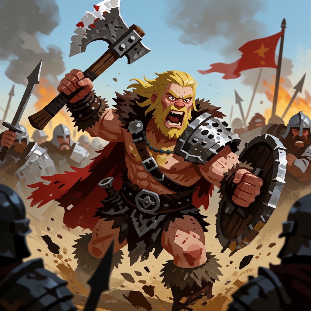 A barbarian with a battle axe roars as he tears his way through a hectic battlefield on Tensor.Art