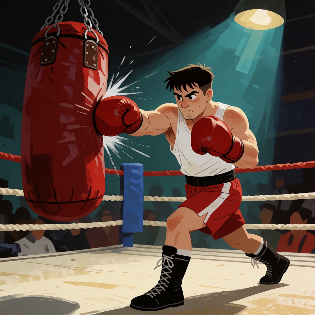 A man punching a punching bag in a boxing ring on Tensor.Art