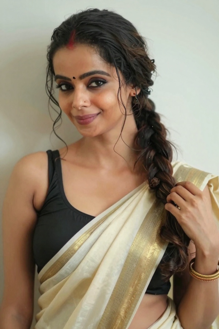 priyanka_up ***** women realistic face natural body proportions slim body looking at viewer ,  ponytail hair ,  smile wear...