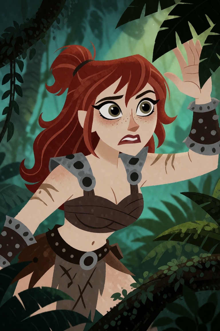 a barbarian priestess looking through leaves in a shadowy jungle on Tensor.Art