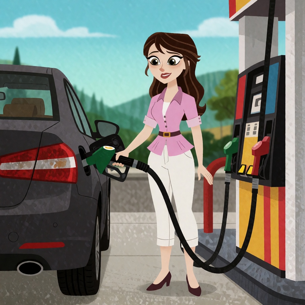 A woman pumping fueling her car at a gas station,  pink peplum top,  white slacks on Tensor.Art