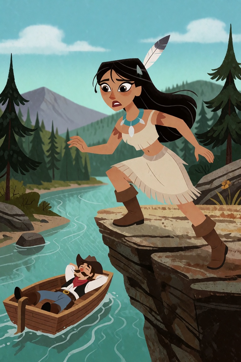 A native American woman creeping along a cliff overlooking a river where cowboys are napping on Tensor.Art
