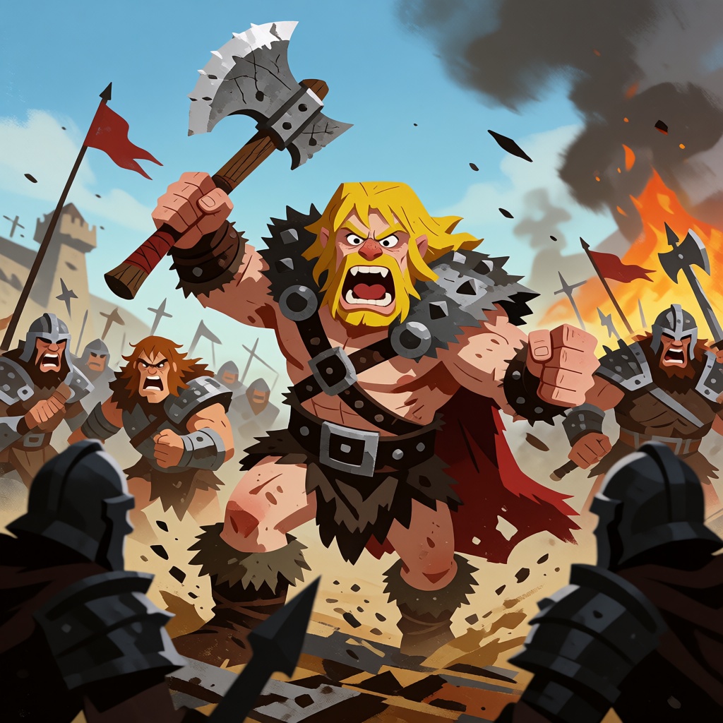 A barbarian with a battle axe roars as he tears his way through a hectic battlefield on Tensor.Art