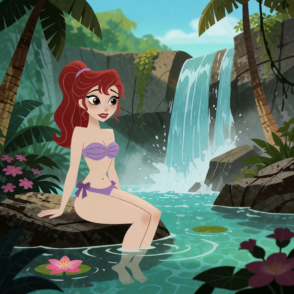 An exotic beauty at a tropical waterfall pond on Tensor.Art