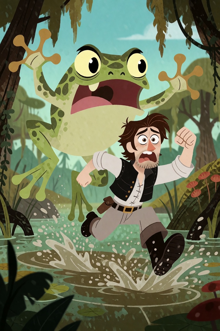 a man running through a swamp,  splashing,  chased by a giant frog on Tensor.Art