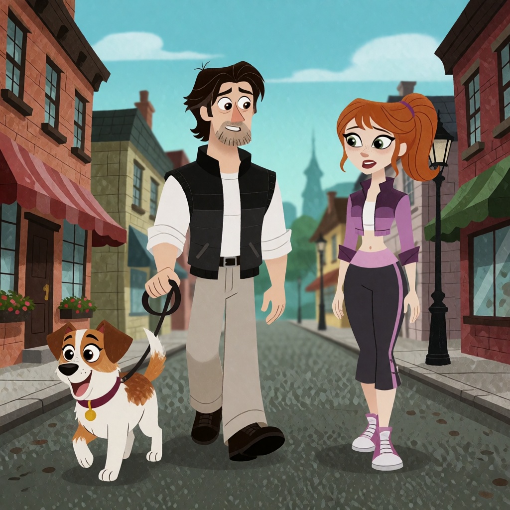 A man walking a dog down a street,  admired by a passing woman in athletic gear on Tensor.Art