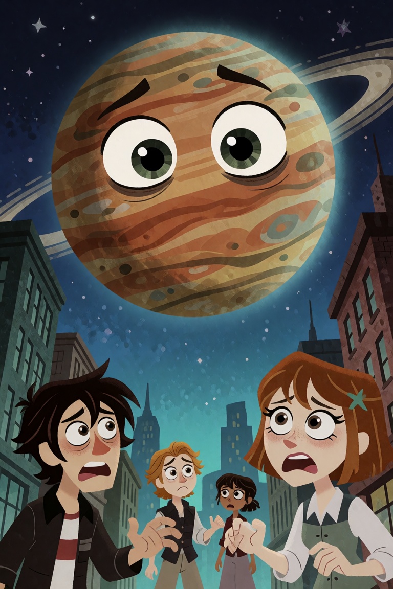 A planet with a face looms in the sky,  the people in the city below are terrified and confused on Tensor.Art