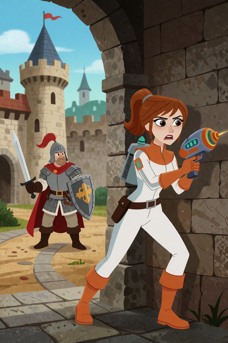 A woman in a sci-fi jumpsuit holding a futuristic ray gun pistol sneaks through courtyard of a medieval castle,  hiding at...