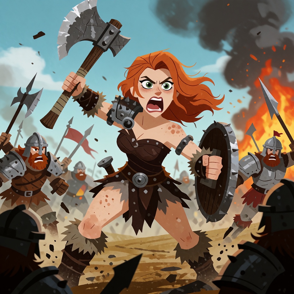 A barbarian woman with a battle axe roars as she tears her way through a hectic battlefield on Tensor.Art