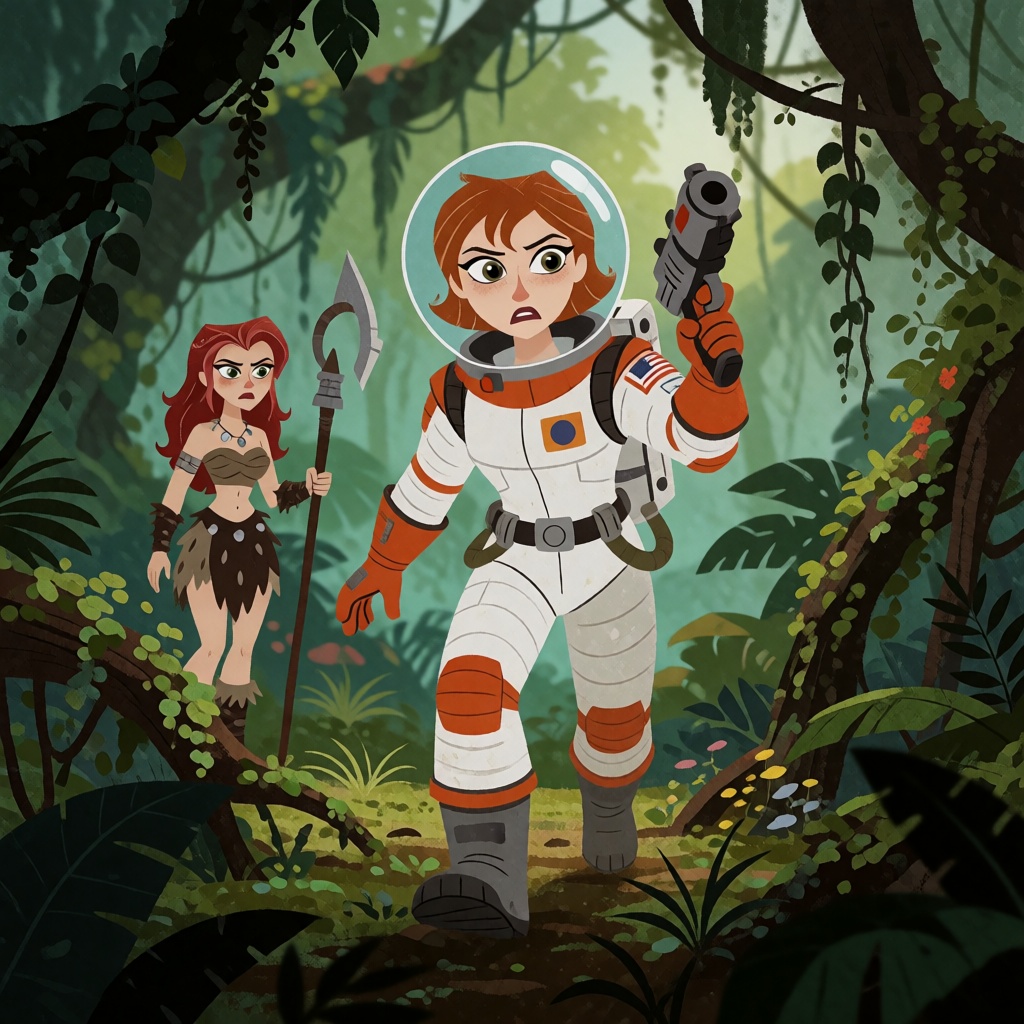 A woman in an astronaut suit steps cautiously through an overgrown jungle while holding a pistol. She is observed by a bar...